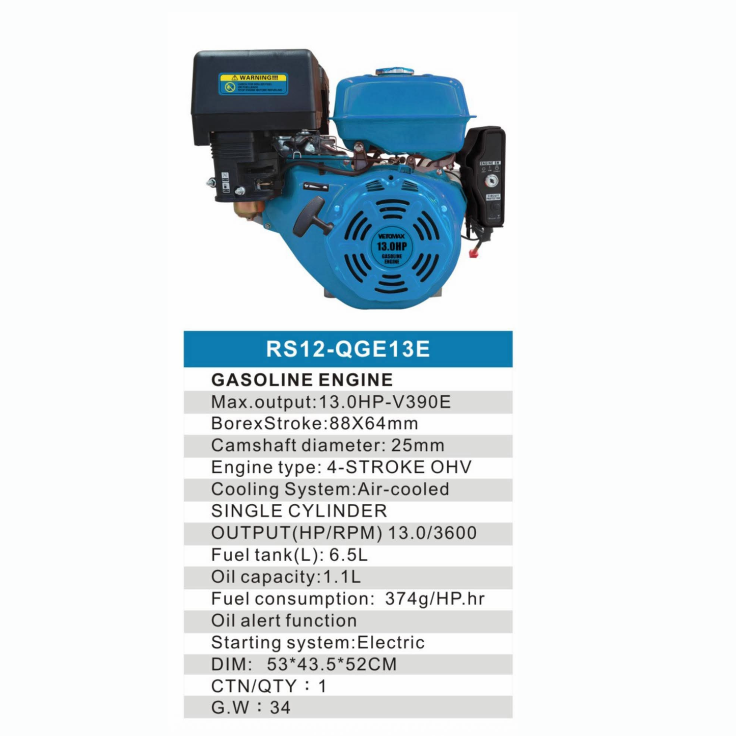RS12-QGE13E – Moteur Essence 13.0 HP (V390E) Démarrage Électrique