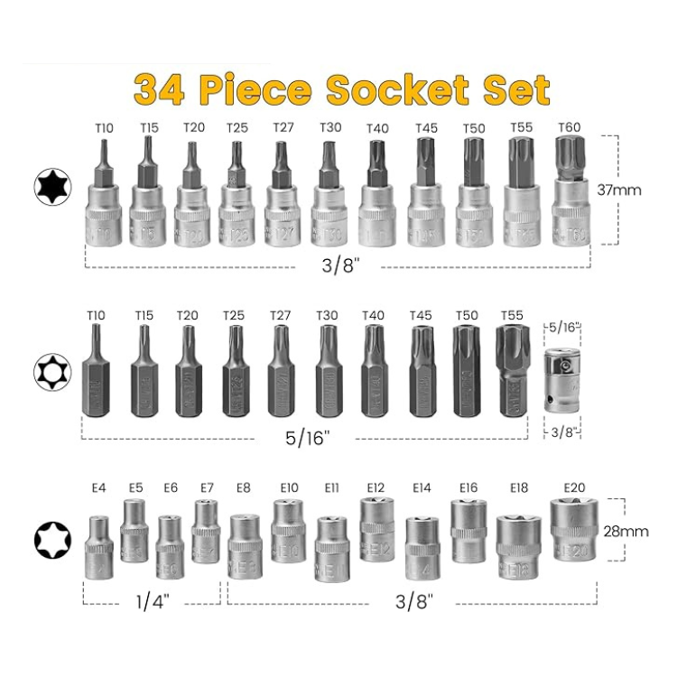 YZ-4036-1 COFFRET DOUILLES TORX 34 PCS E4 A E20 T10 A T60 1 4 3 8