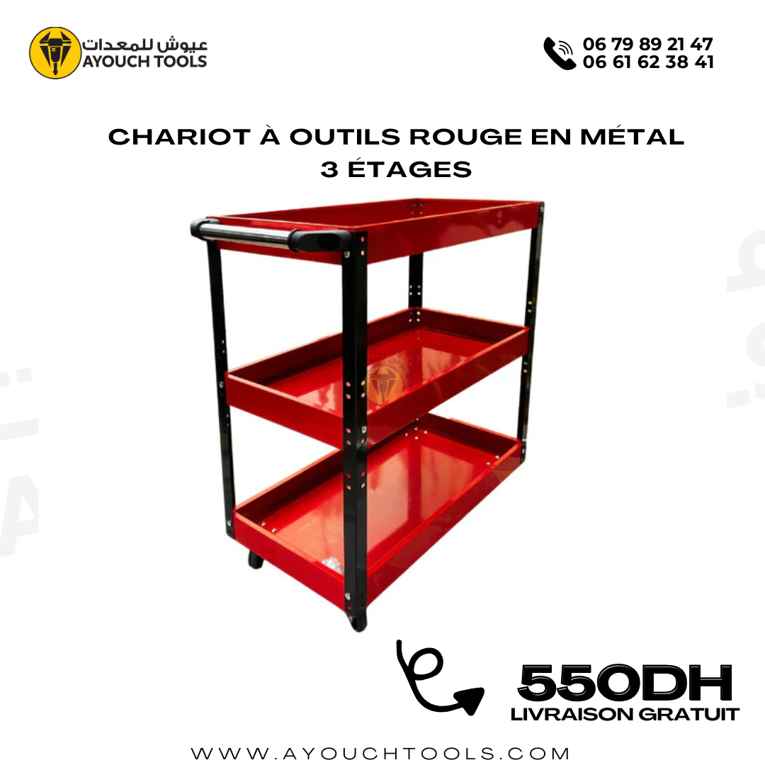 Chariot à Outils Rouge en Métal 3 étages