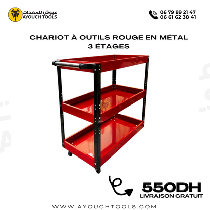 Chariot à Outils Rouge en Métal 3 étages