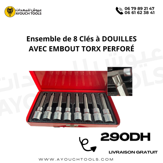 Ensemble de 8 Clés  Douilles avec Embout TORX Perforé