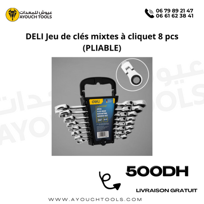 Jeu de clés mixtes à cliquet 8 pièces (PLIABLE)