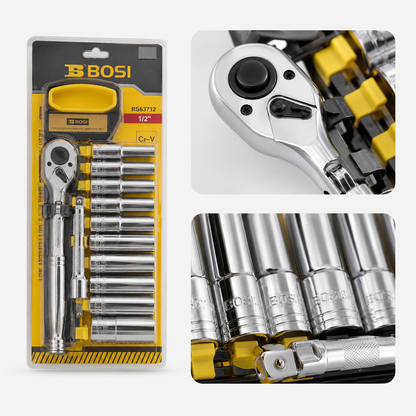 Coffret Clé à Cliquet BOSI 1/2" avec Douilles Longues CR-V – Jeu de 12 Pièces Professionnel BS367712