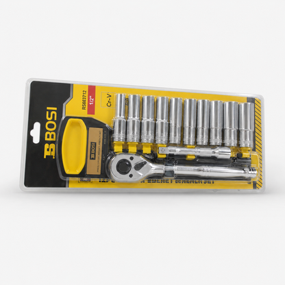 Coffret Clé à Cliquet BOSI 1/2" avec Douilles Longues CR-V – Jeu de 12 Pièces Professionnel BS367712
