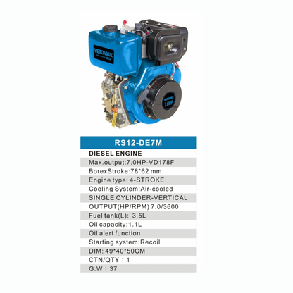 RS12-DE7M – Moteur Diesel 7.0 HP (VD178F) Vertical