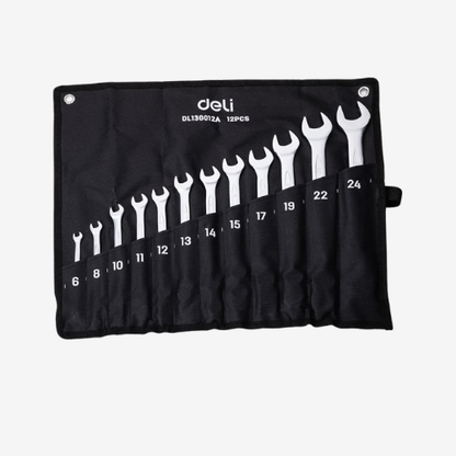 Set de Clés Mixtes Deli DL130012A – Jeu de Clés Plates et à Œil en Acier Chrome Vanadium | Outils Mécanique Professionnels Auto