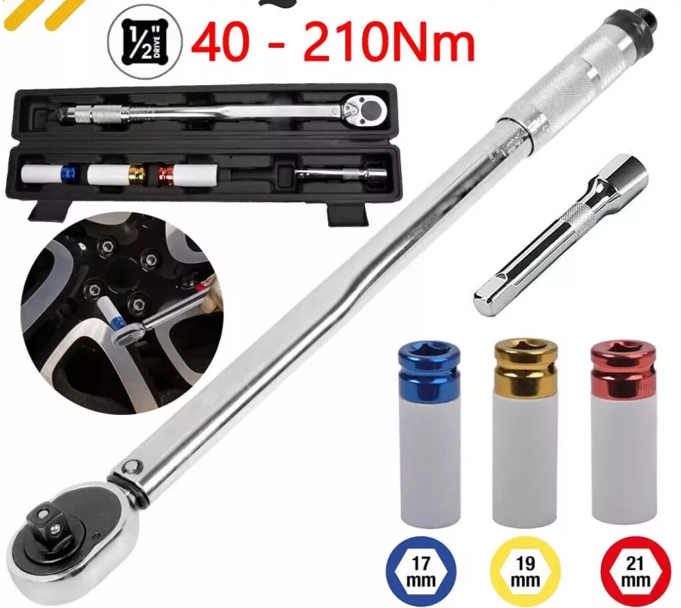 Clé Dynamométrique 1/2" 40–210 Nm – Coffret avec Douilles Bougie 17, 19 et 21 mm