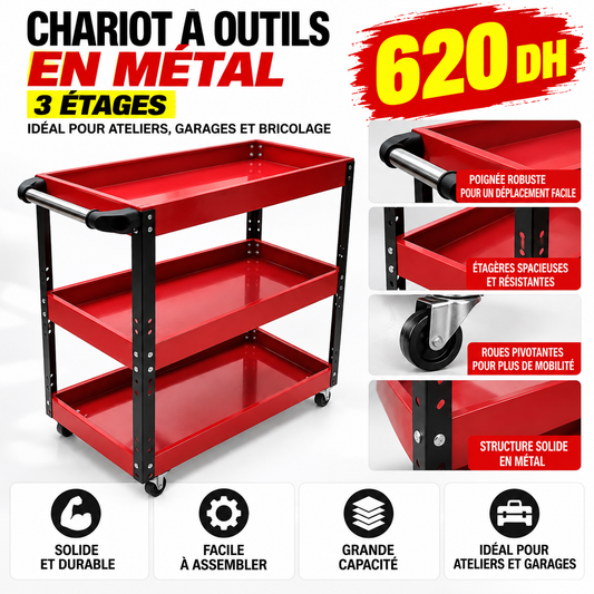 Chariot à Outils Rouge en Métal 3 étages WJS-C0301