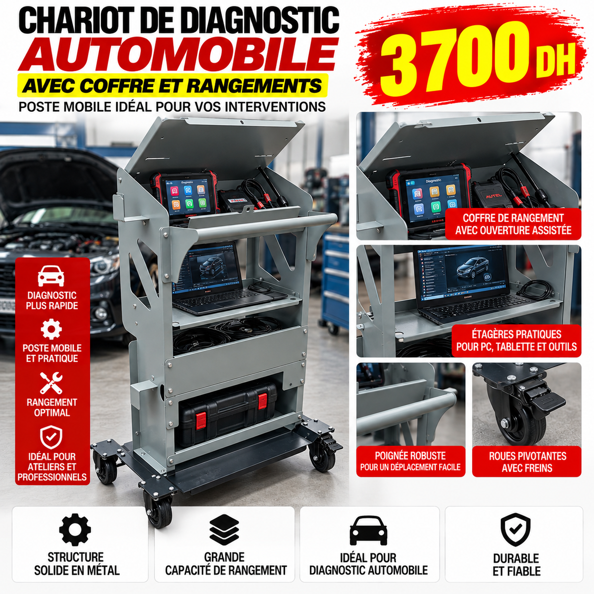 Chariot à outils pour diagnostic automobile sur roues AH-009