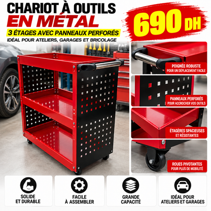 Chariot à roulettes mécanique 3 étages avec rangement outils  WJS-C0302