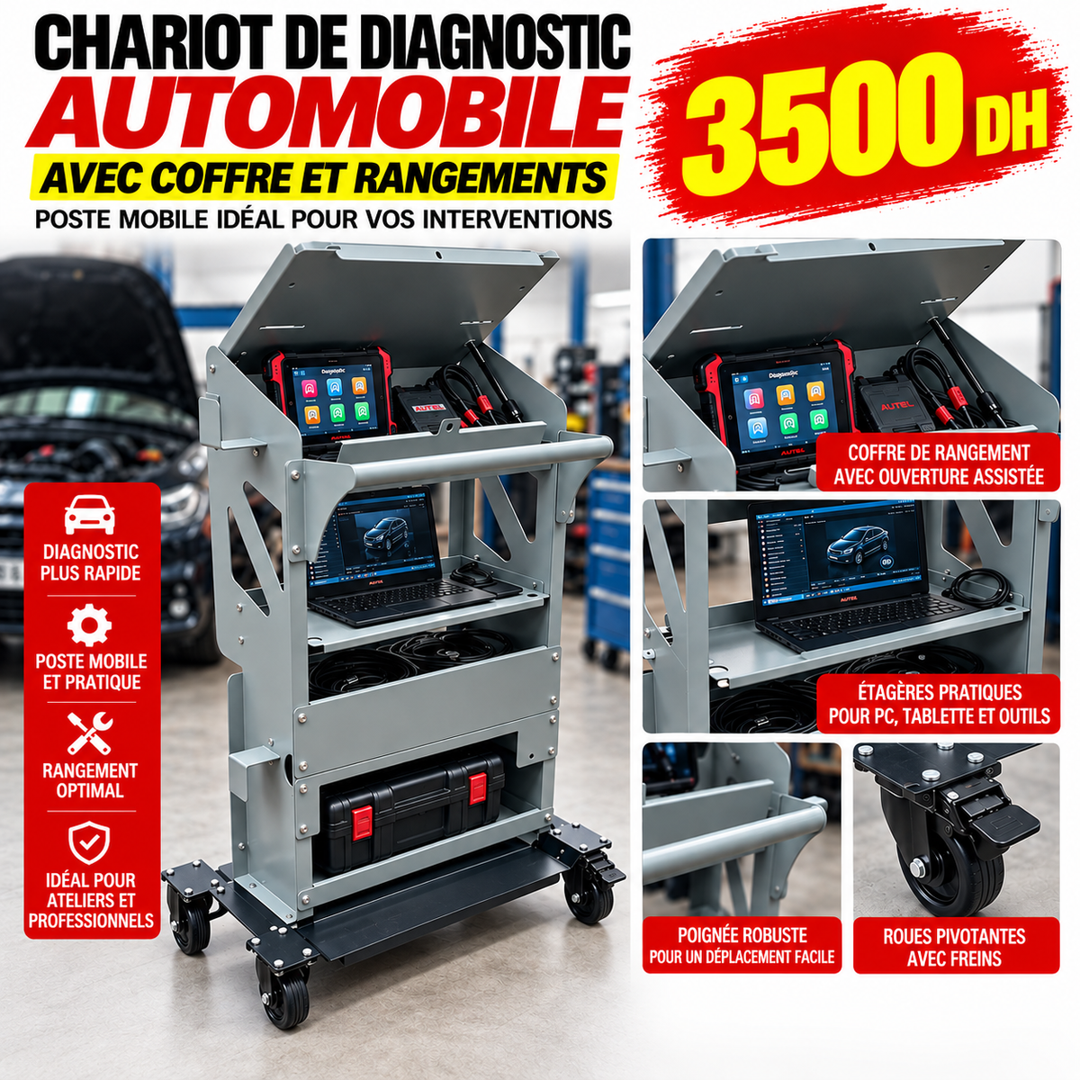 Chariot à outils pour diagnostic automobile sur roues AH-009