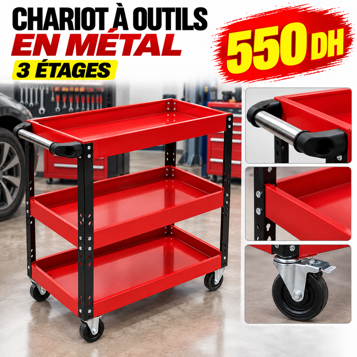 Chariot à Outils Rouge en Métal 3 étages WJS-C0301
