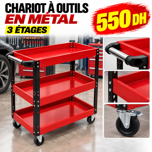 Chariot à Outils Rouge en Métal 3 étages WJS-C0301