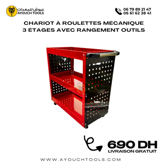 Chariot à roulettes mécanique 3 étages avec rangement outils